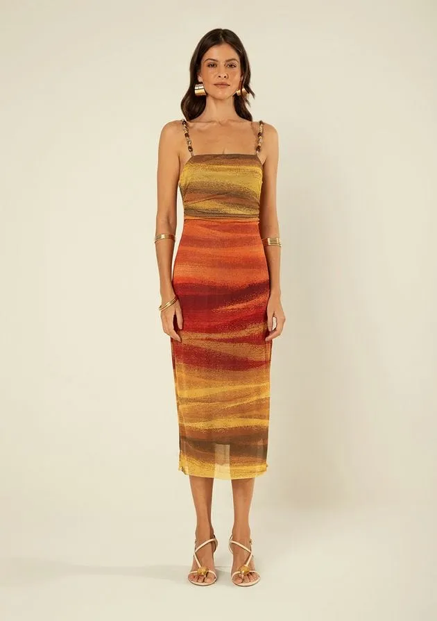Vestido midi degradê terroso — frente